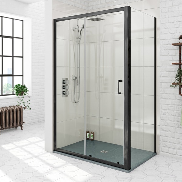 Mode black 6mm sliding shower enclosure with grey slate effect tray